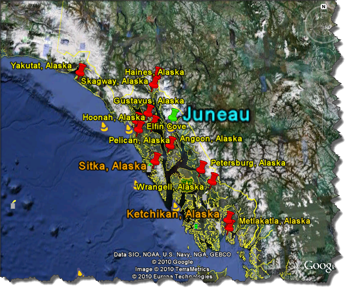 Terrain Map of Southeast Alaska with City Names